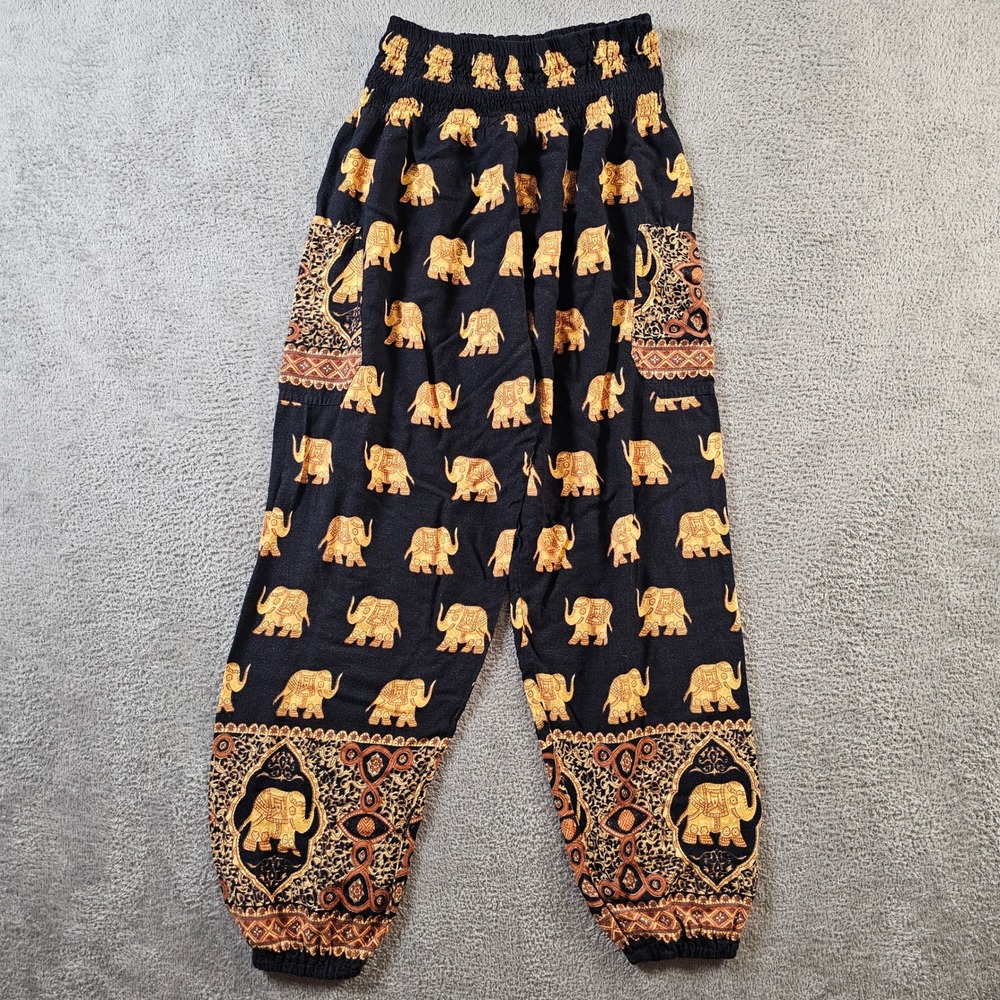 Unbranded Elephant Print‎ Pull On Harem Pants Black Gold Smocked Waist Boho